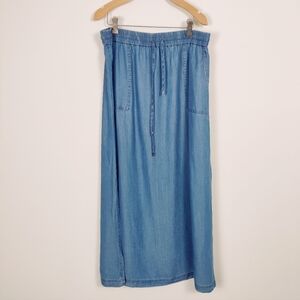 Melanie Lyne Women's Denim Maxi Skirt Size 10 Blue Pull-on Drawstring Jean Slits